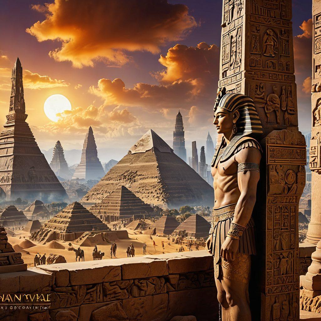 An expansive timeline showcasing the progression from ancient civilizations like the Egyptian pyramids and Mayan temples to modern skyscrapers and technology-driven cities. Include vibrant artifacts, scrolls, and historical figures like philosophers and warriors, blending seamlessly into futuristic elements. The background should have a gradient from warm earthy tones to cool metallic shades. super-realistic. vibrant colors. 3D.