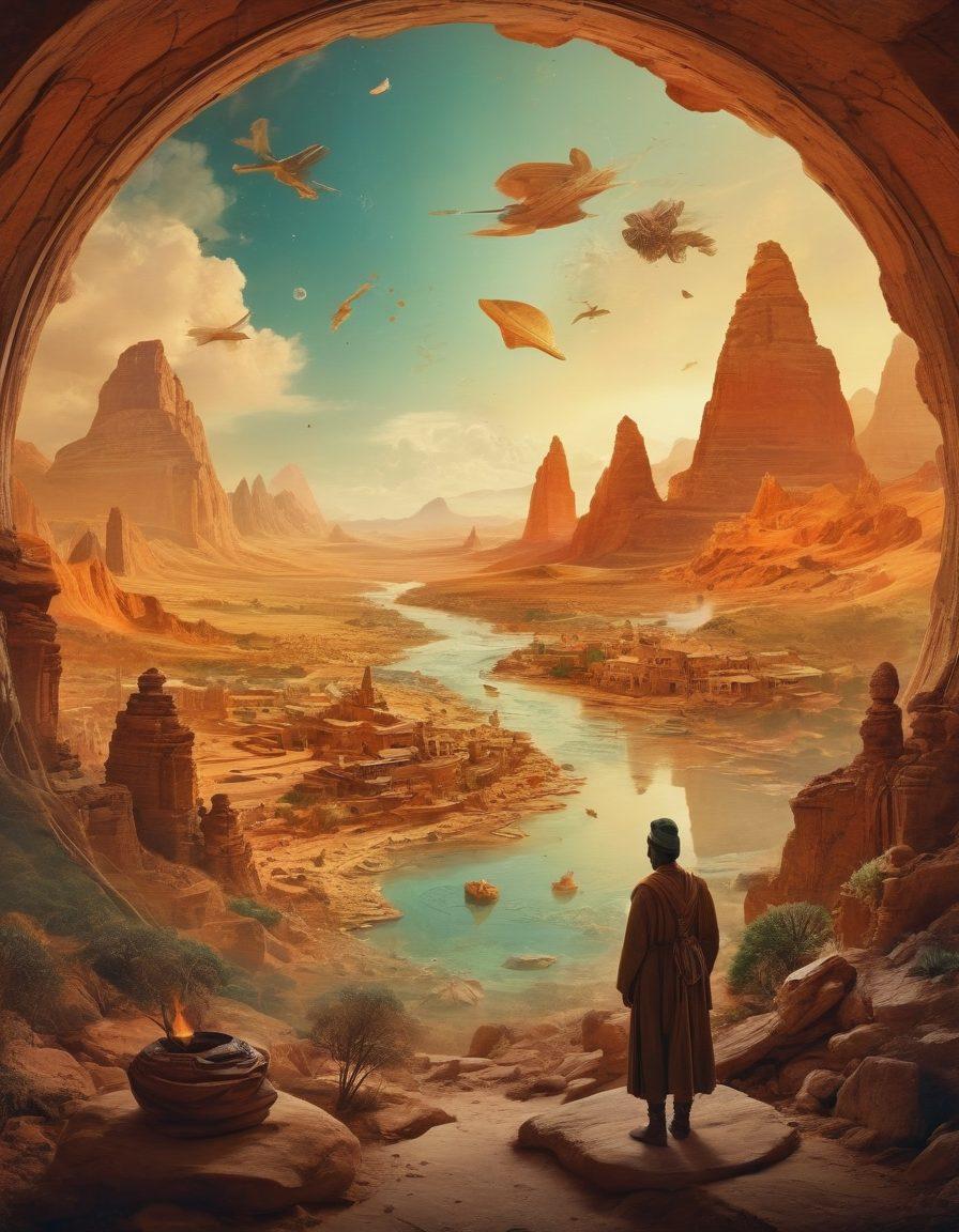 A mesmerizing collage of ancient artifacts, historical documents, and vibrant maps floating in a dreamy, ethereal landscape. Wisps of time travel swirling around figures from different eras engaging in lively discussions. Warm, inviting colors to evoke curiosity and wonder about the past. super-realistic. vibrant colors. 3D.